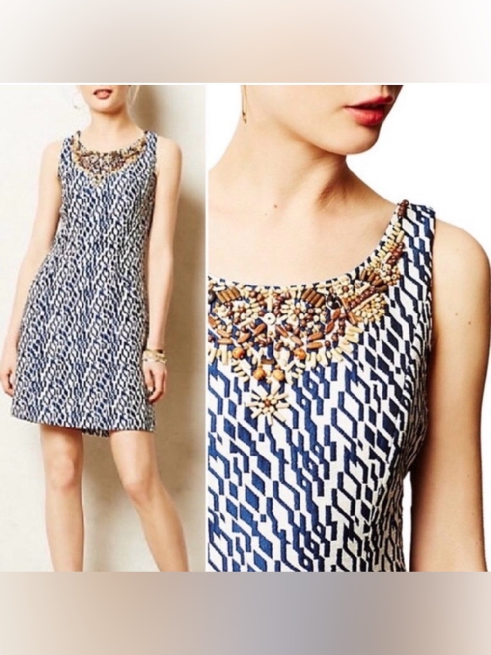 Anthropologie Moulinette Soeurs Beaded Geo Print Shift Dress Size 2